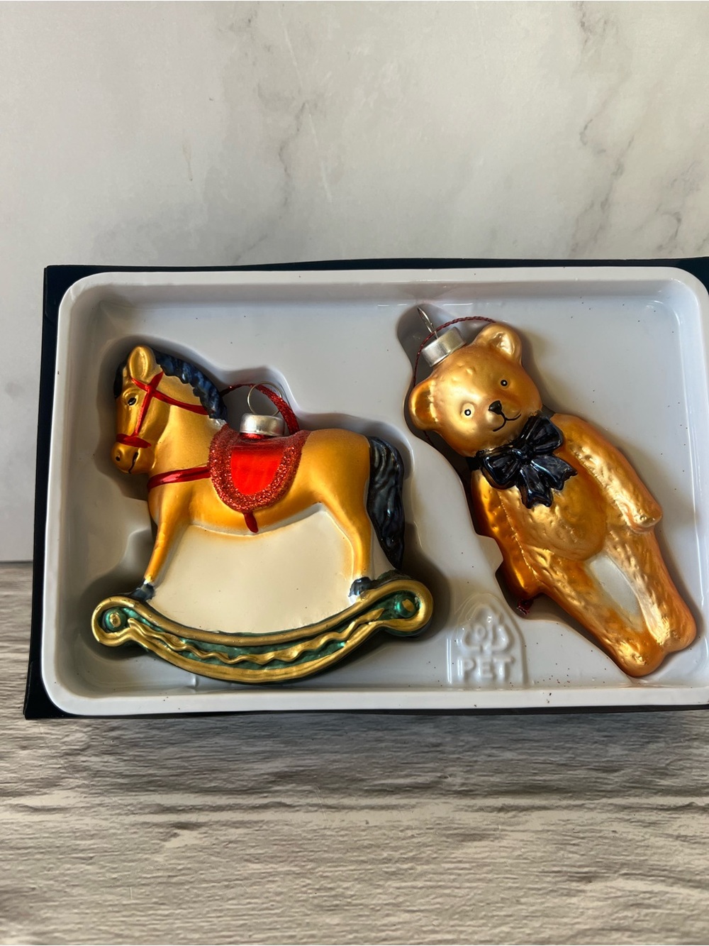 Vtg IKEA SNÖMYS Glass Ornaments Set of 2 Rocking Horse Teddy Bear Inga Leo 2010